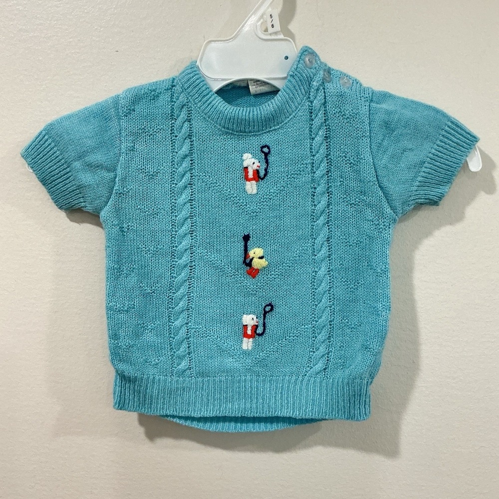Vintage Baby Blue Sweater Knit Top Little Angel Original 6-9 Months Embroidered